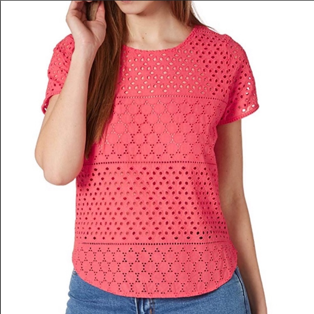 Joules eyelet short sleeve coral pink top.